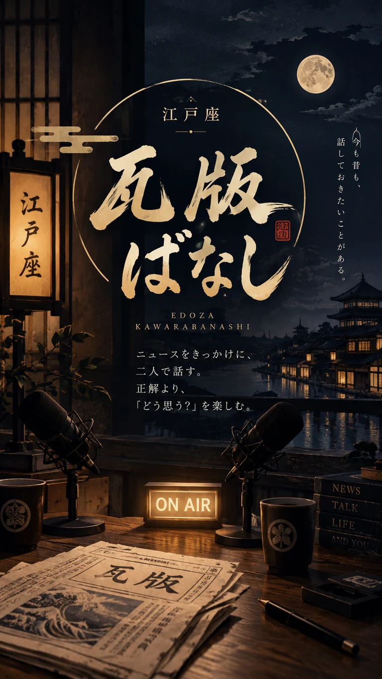 月夜の町並みと二つのマイクを描いた、江戸座 瓦版ばなしの公式ポスター