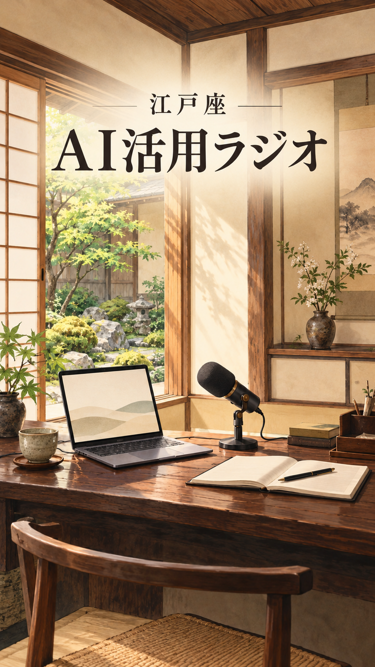 江戸座 AI活用ラジオのタイトルと、和室の書斎にパソコン、マイク、ノートを配した番組の公式画像